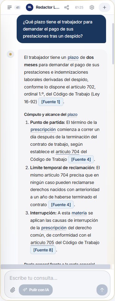 Vista en celular de una respuesta sobre el plazo para demandar prestaciones laborales, con las citas [Fuente 1], [Fuente 4] y [Fuente 8]